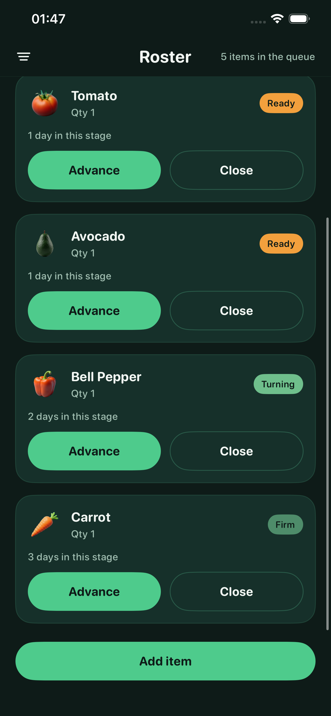 RipeRoster Roster screen showing produce cards with a stage label and Advance and Close buttons