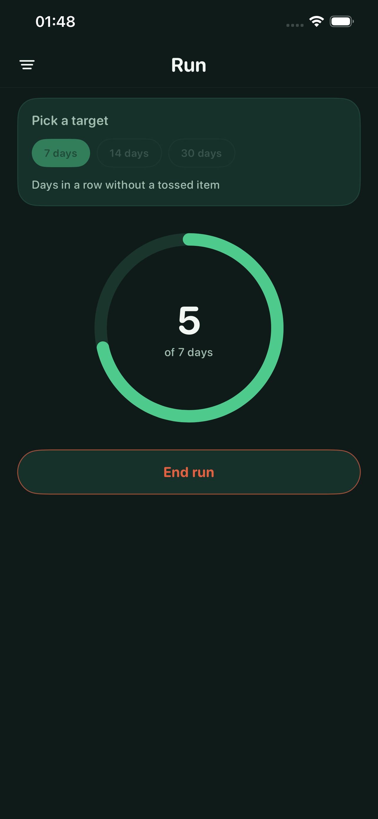 RipeRoster Run screen showing a progress ring toward a seven day target